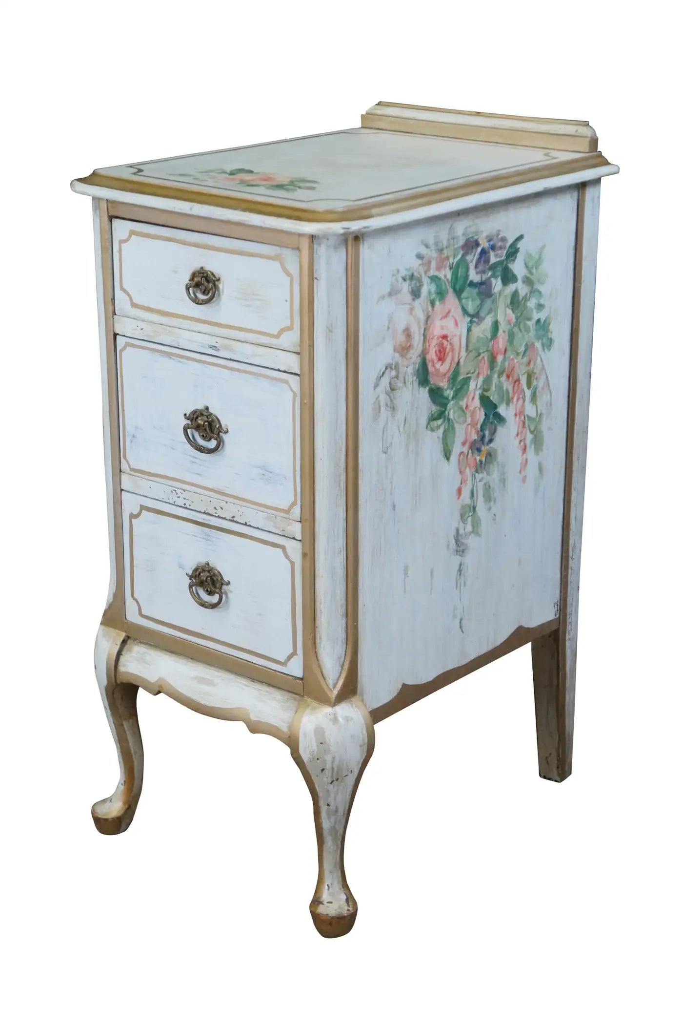 Antique French Country Hand Painted Floral 3 Drawer Nightstands Side Tables