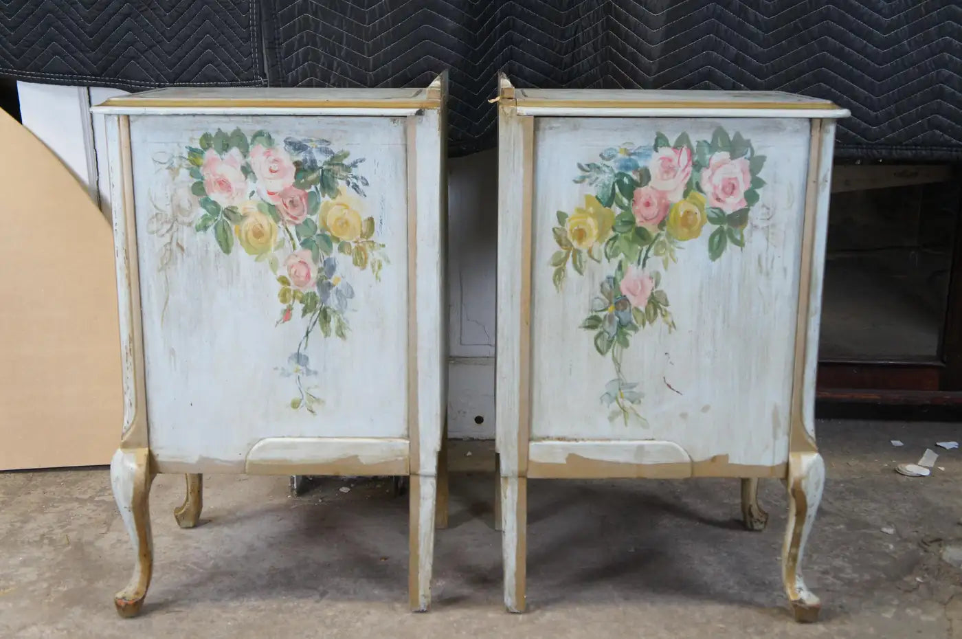 Antique French Country Hand Painted Floral 3 Drawer Nightstands Side Tables