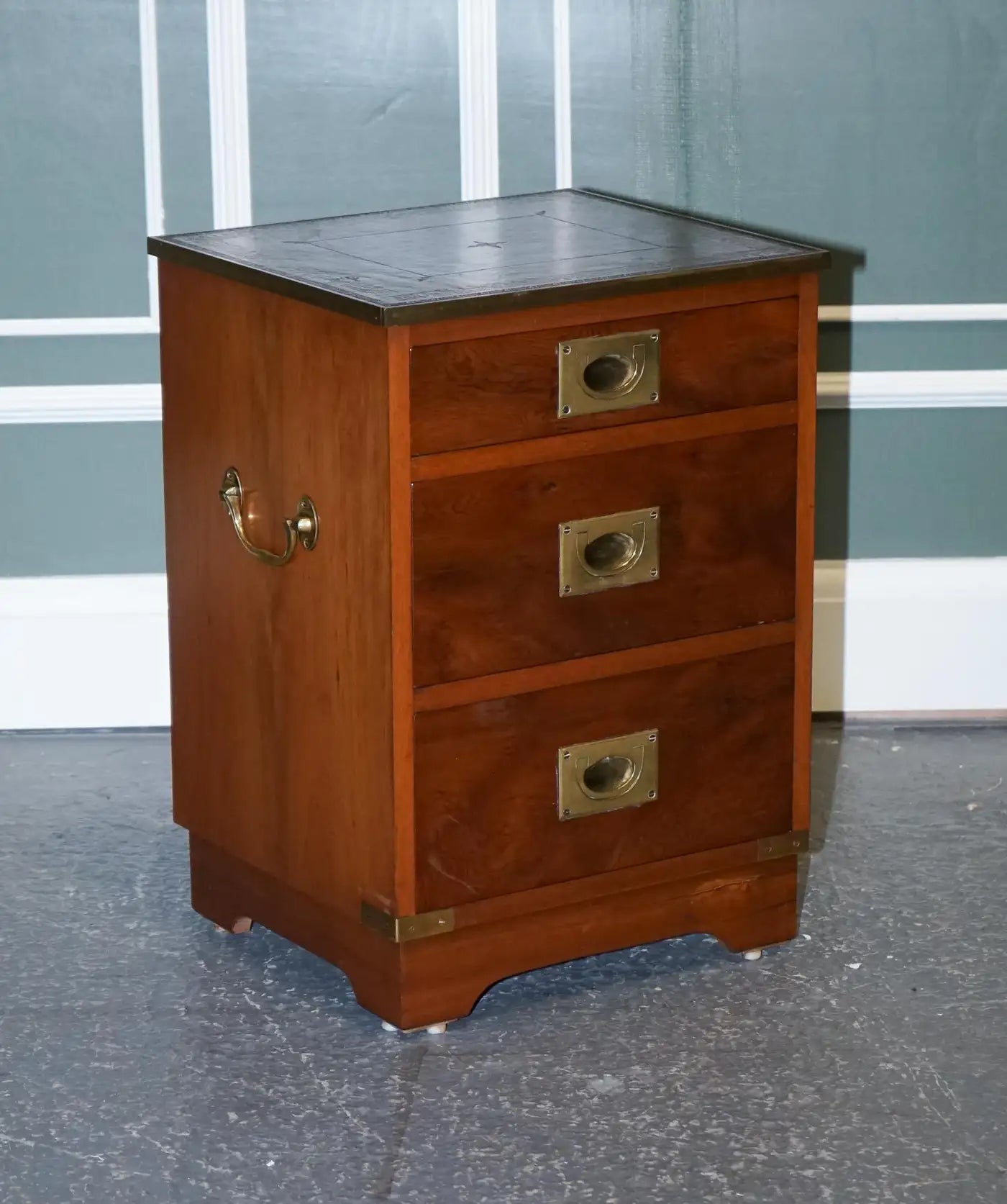 Military Campaign Wood Bedside Nightstand End Table Green Leather Top