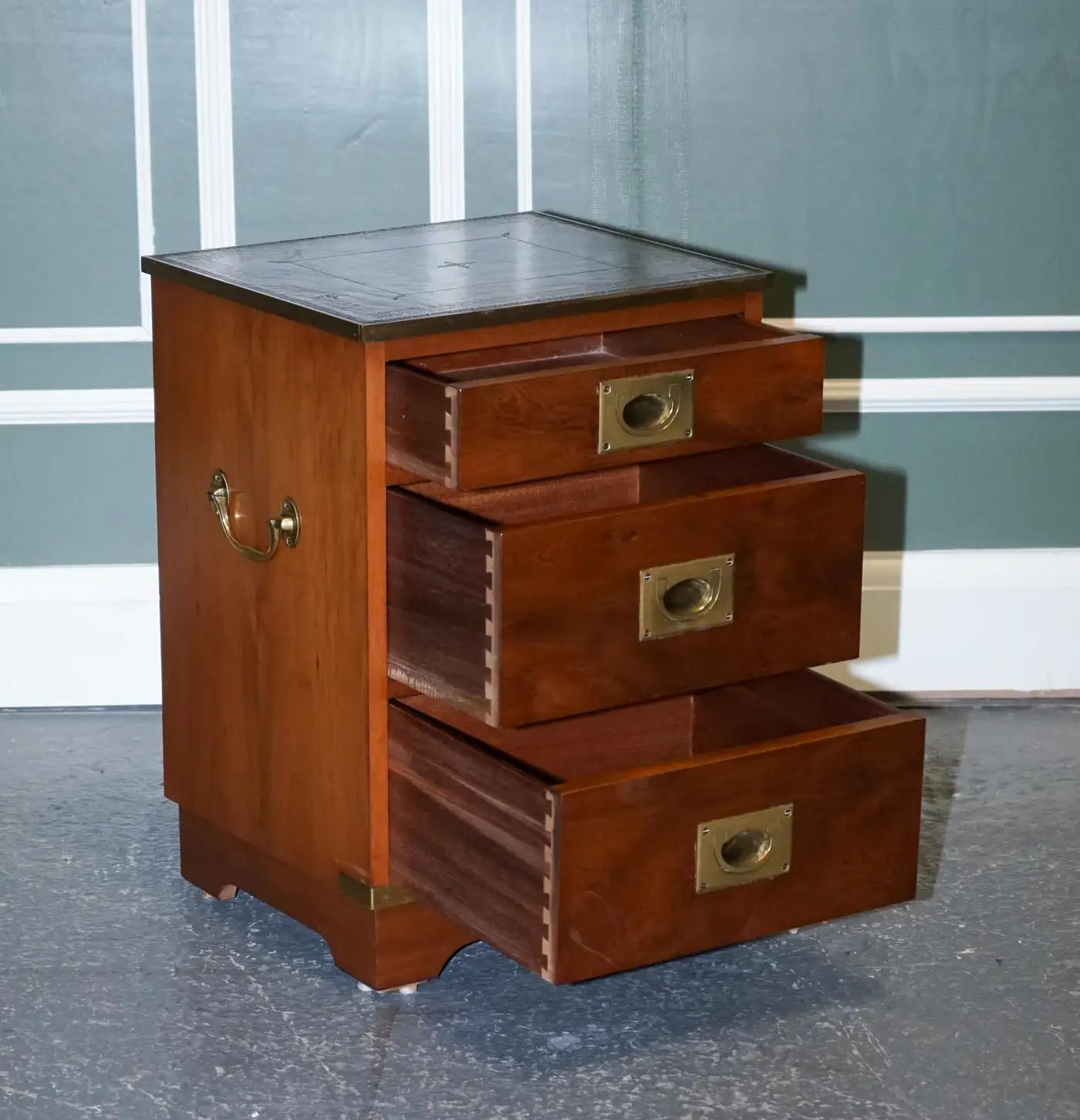 Military Campaign Wood Bedside Nightstand End Table Green Leather Top