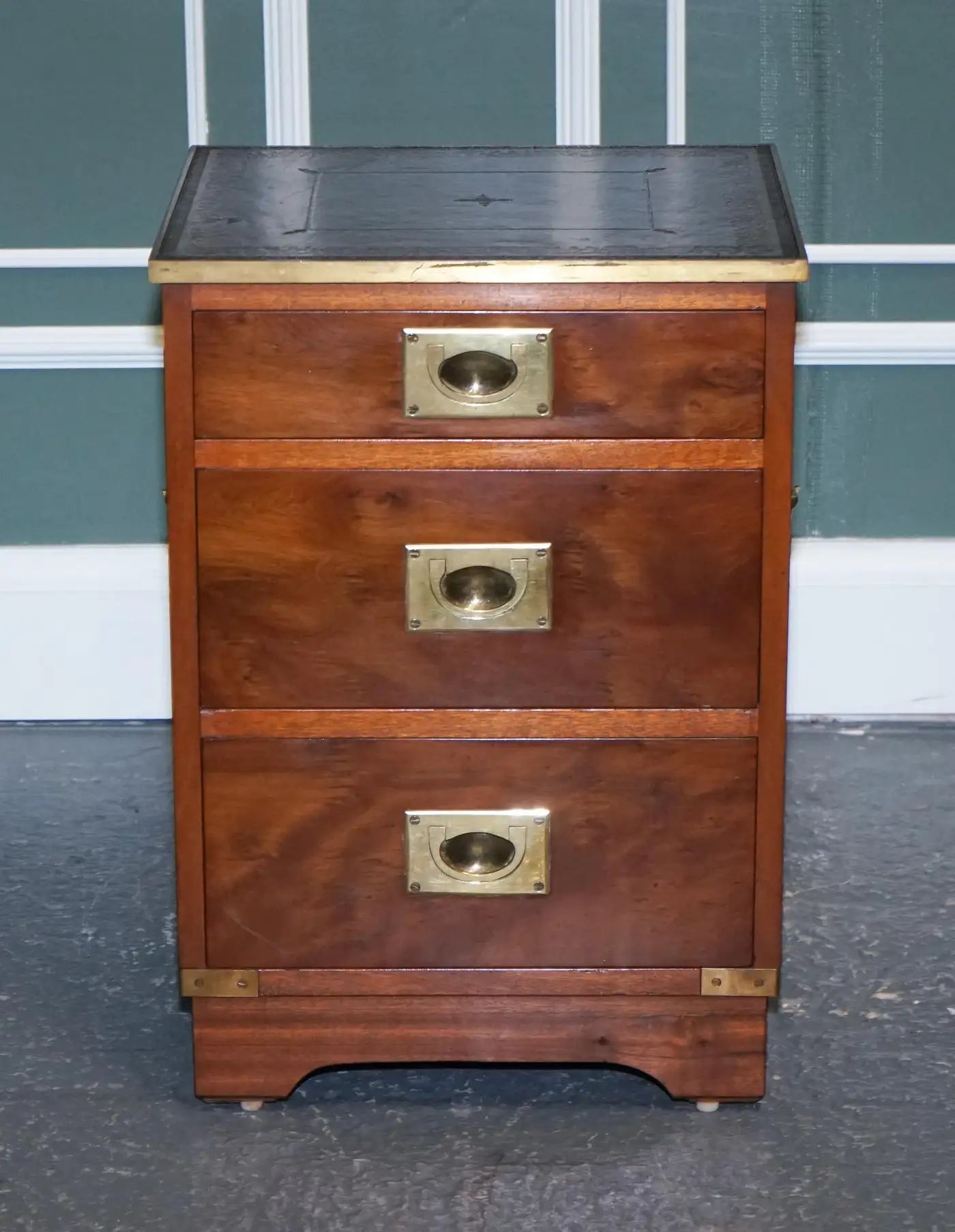 Military Campaign Wood Bedside Nightstand End Table Green Leather Top