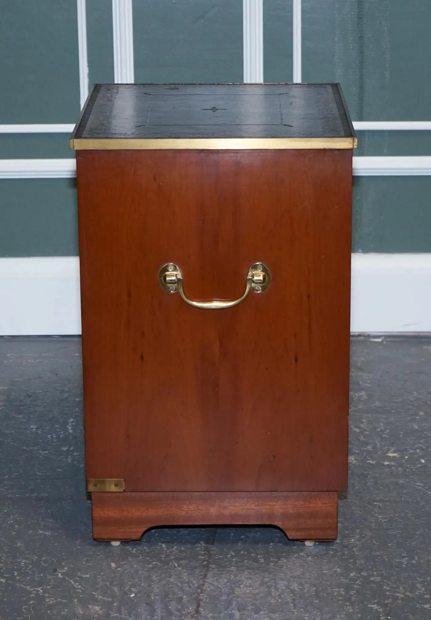 Military Campaign Wood Bedside Nightstand End Table Green Leather Top