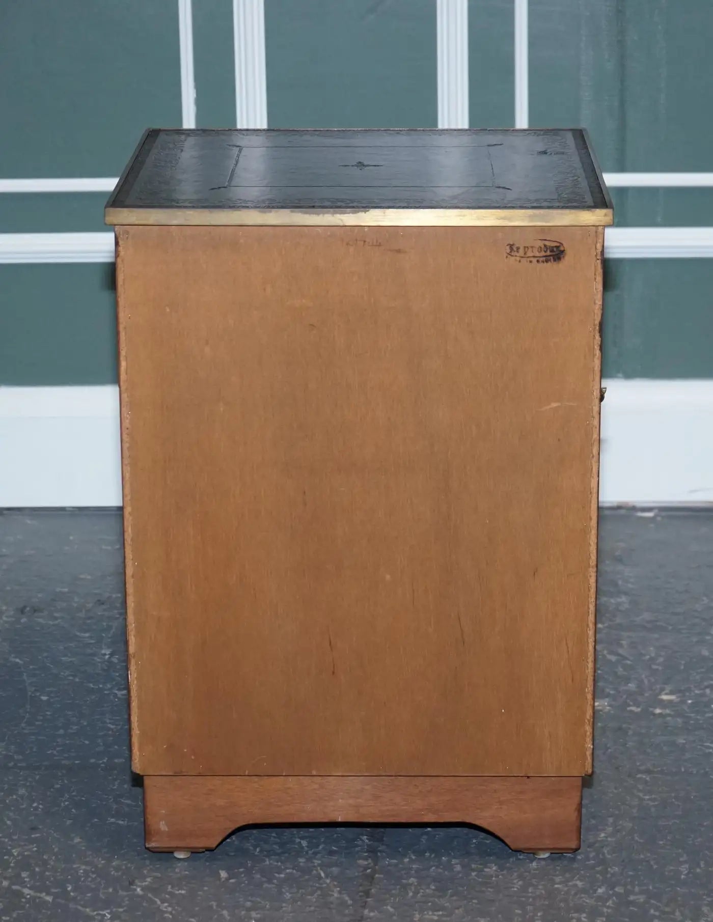 Military Campaign Wood Bedside Nightstand End Table Green Leather Top