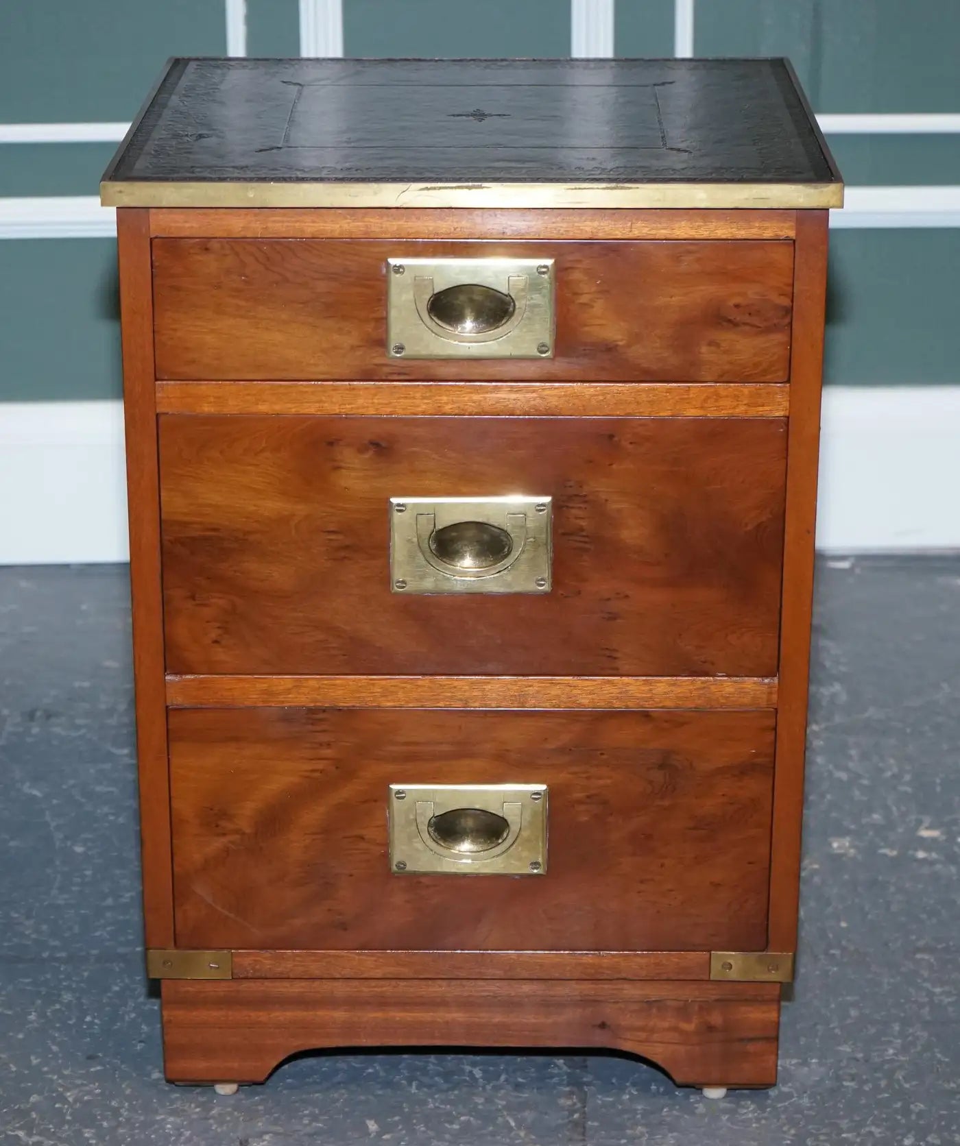 Military Campaign Wood Bedside Nightstand End Table Green Leather Top