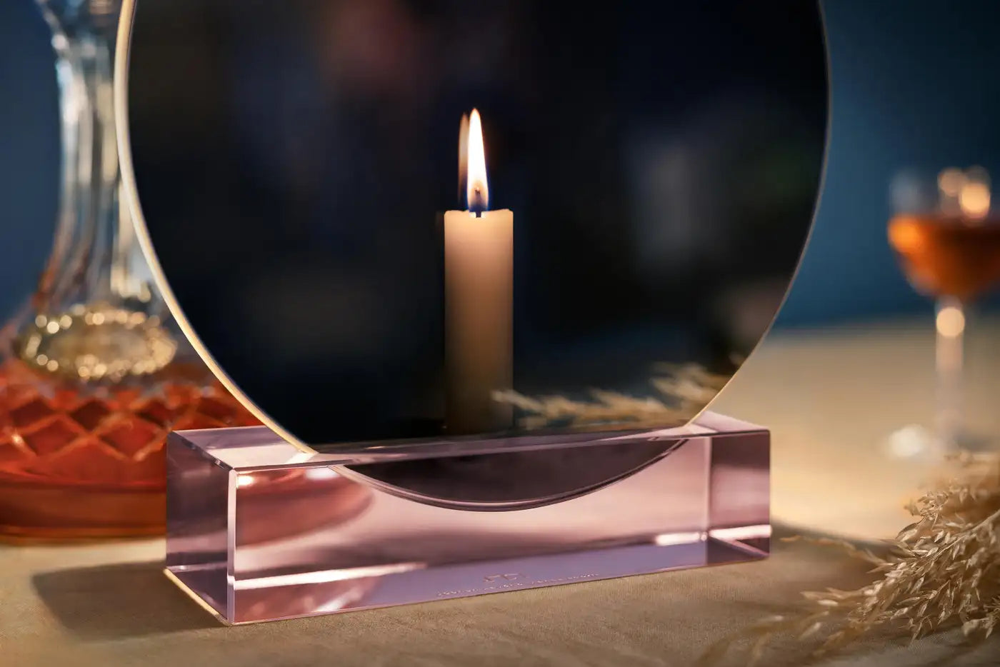Mirror Candle Holder "Spegla Pink Edition" Glass with Half Transparent Mirror