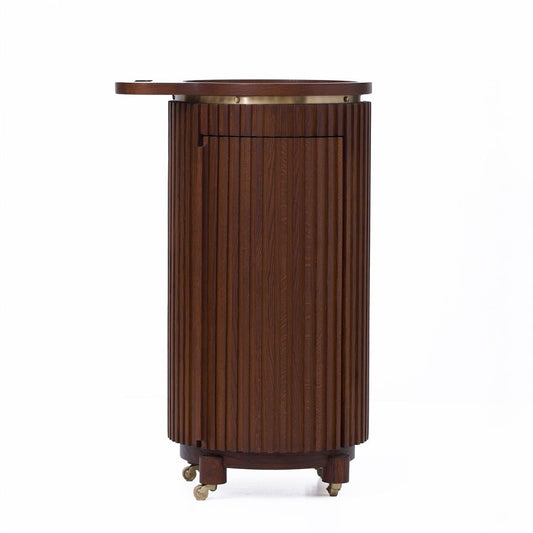 Wooden bar cart with a gold accent on a white background