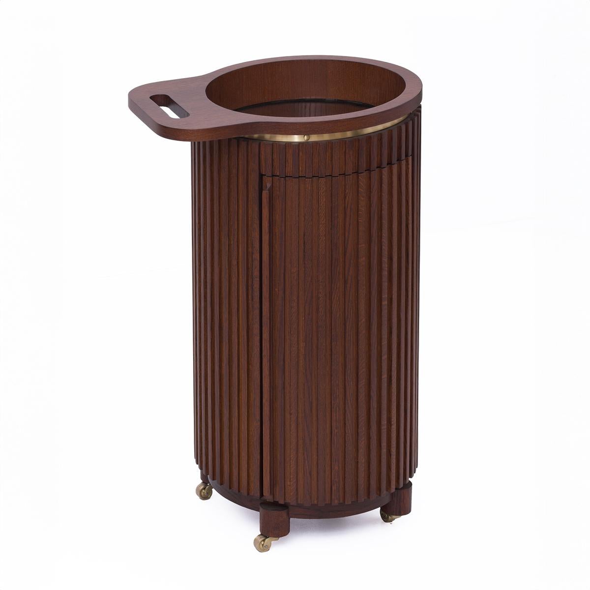 Wooden round bar cart with handle on a white background