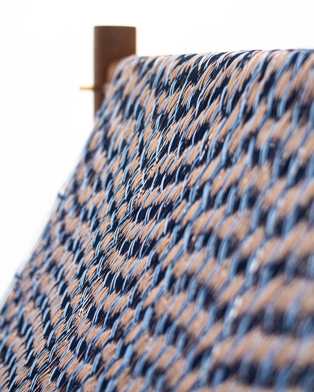 Handcrafted Solid Wood Hammock Chair with Blue & Pale Pink Woven Detailing