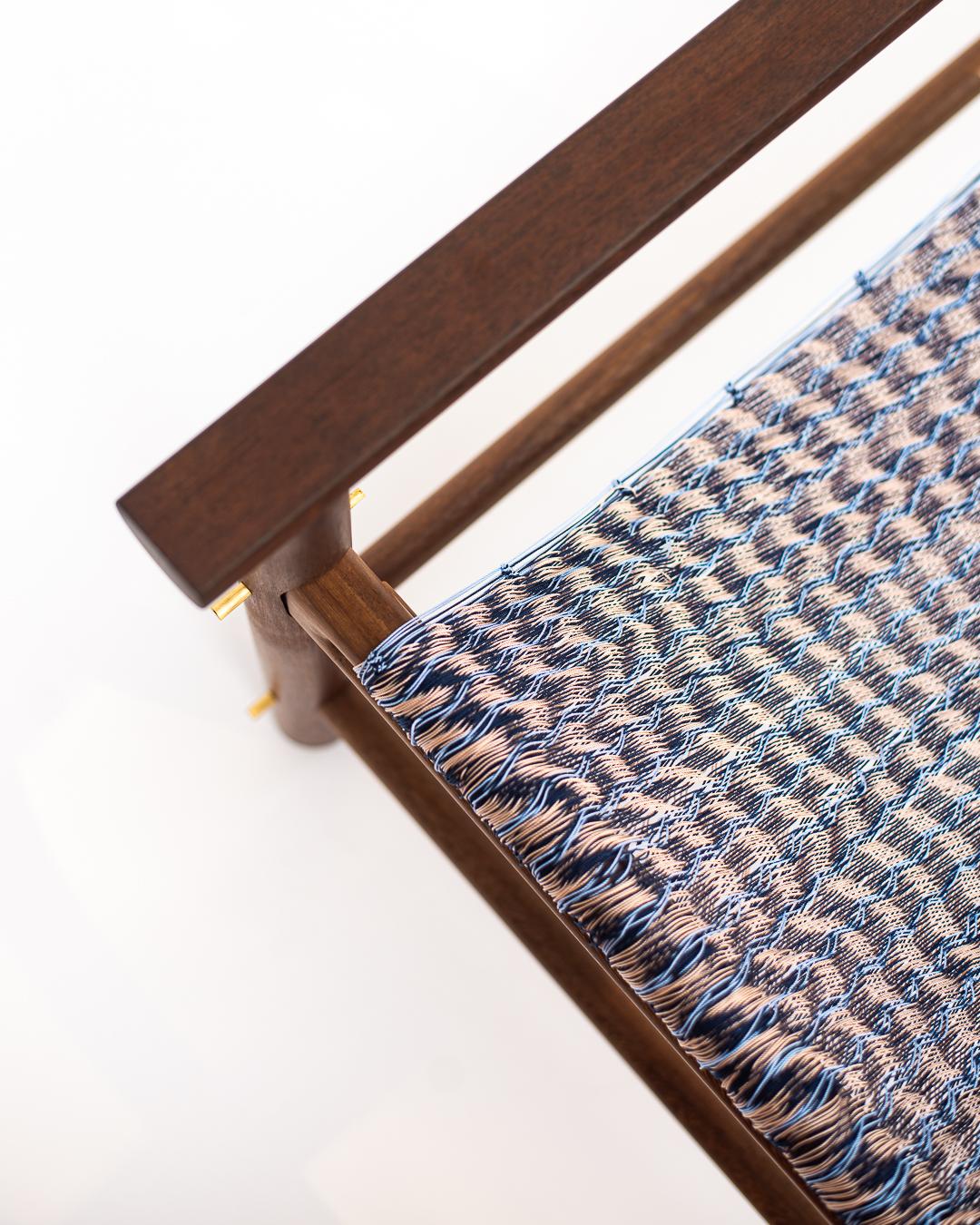 Handcrafted Solid Wood Hammock Chair with Blue & Pale Pink Woven Detailing
