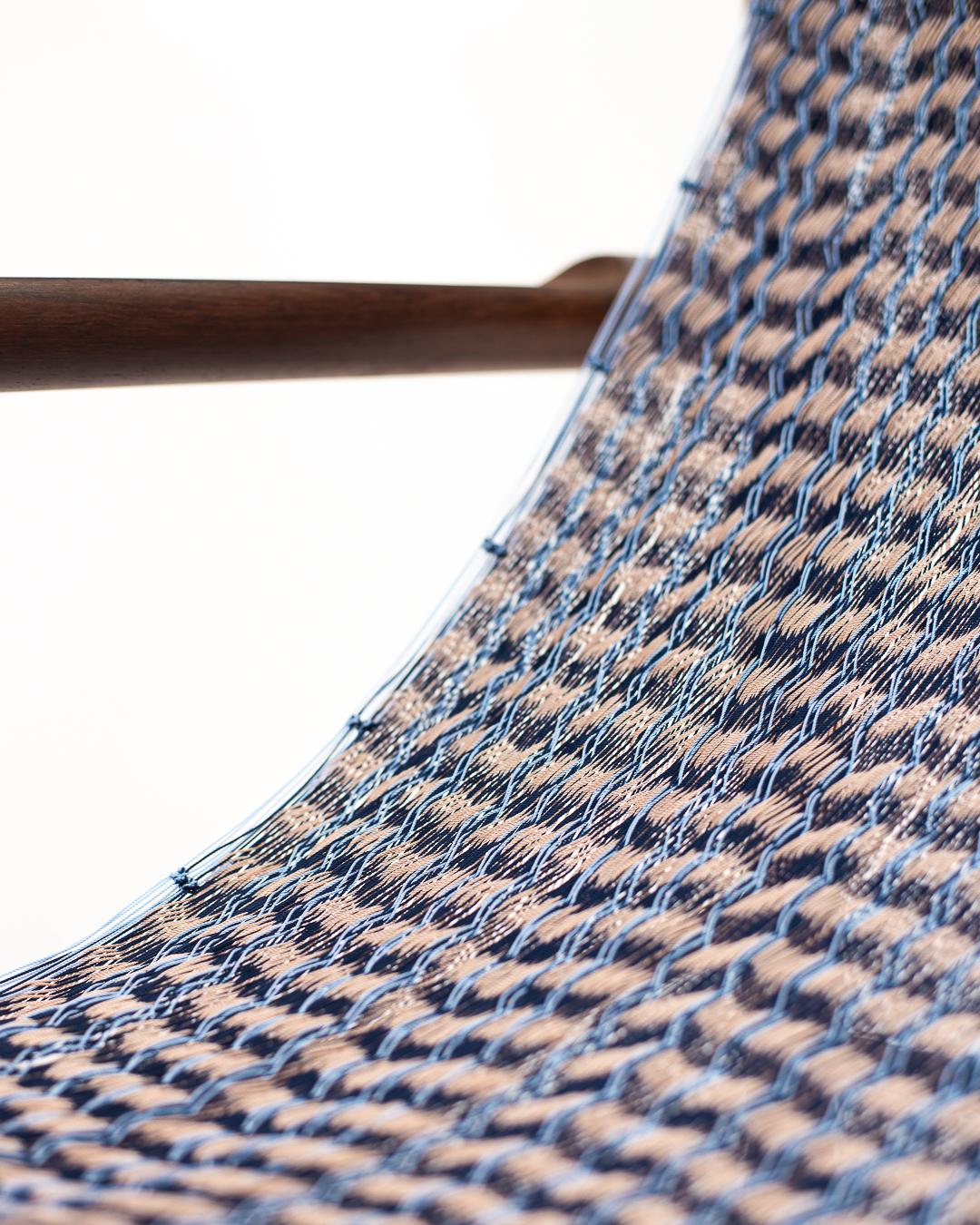 Handcrafted Solid Wood Hammock Chair with Blue & Pale Pink Woven Detailing