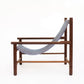 Wooden hammock stand with a blue and white striped hammock on a white background