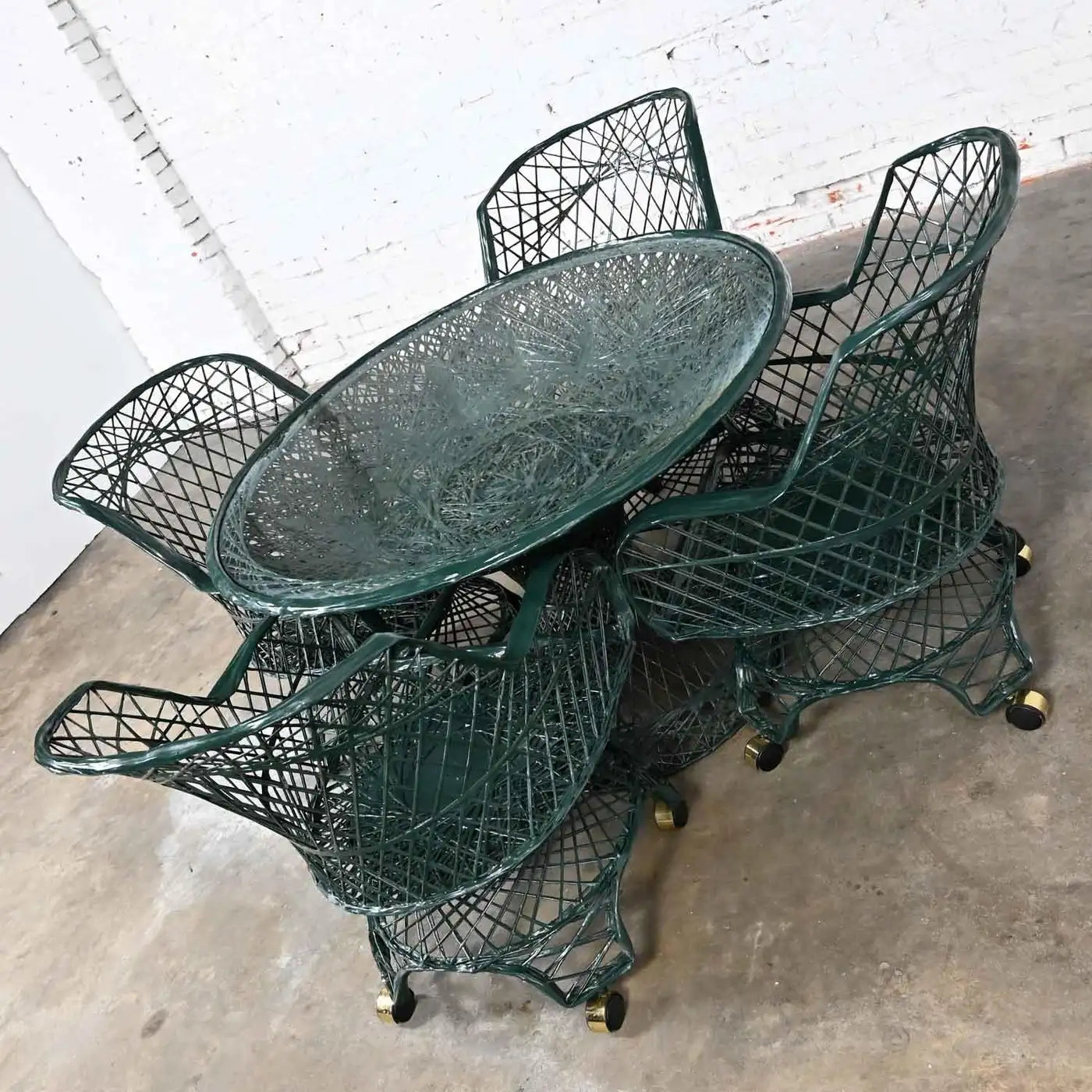 Fiberglass Forest Green Outdoor Dining Table & 4 Armchairs on Casters