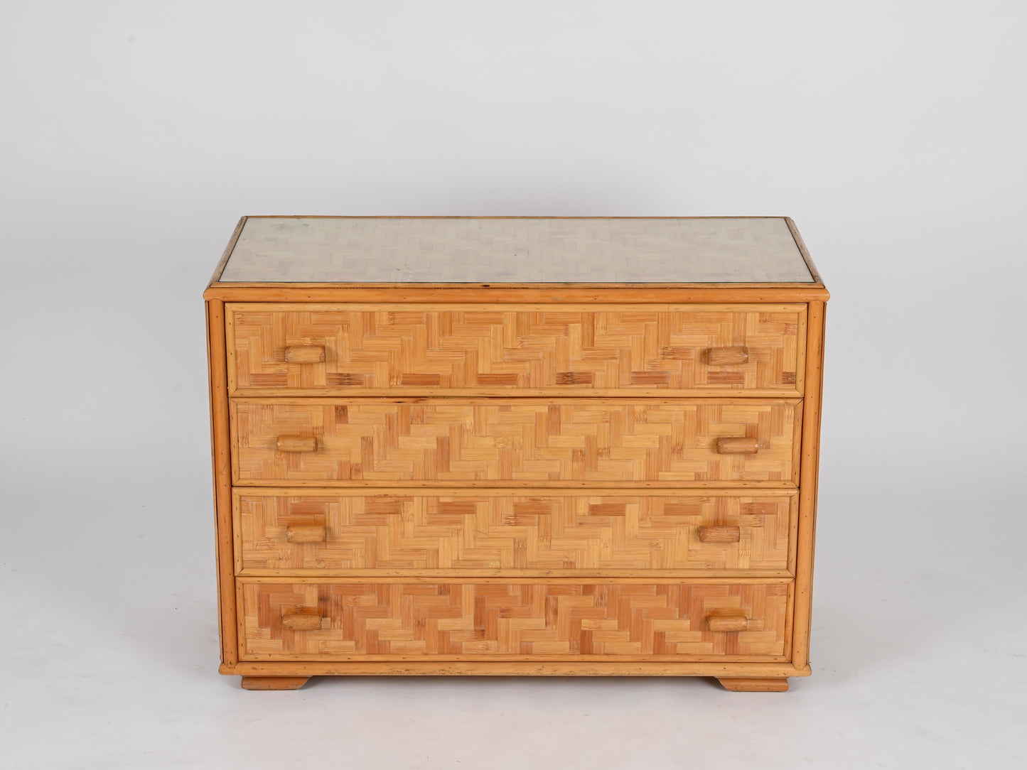 Mid-Century Italian Chest of Drawers – Rattan & Bamboo with Glass Top, 1970s