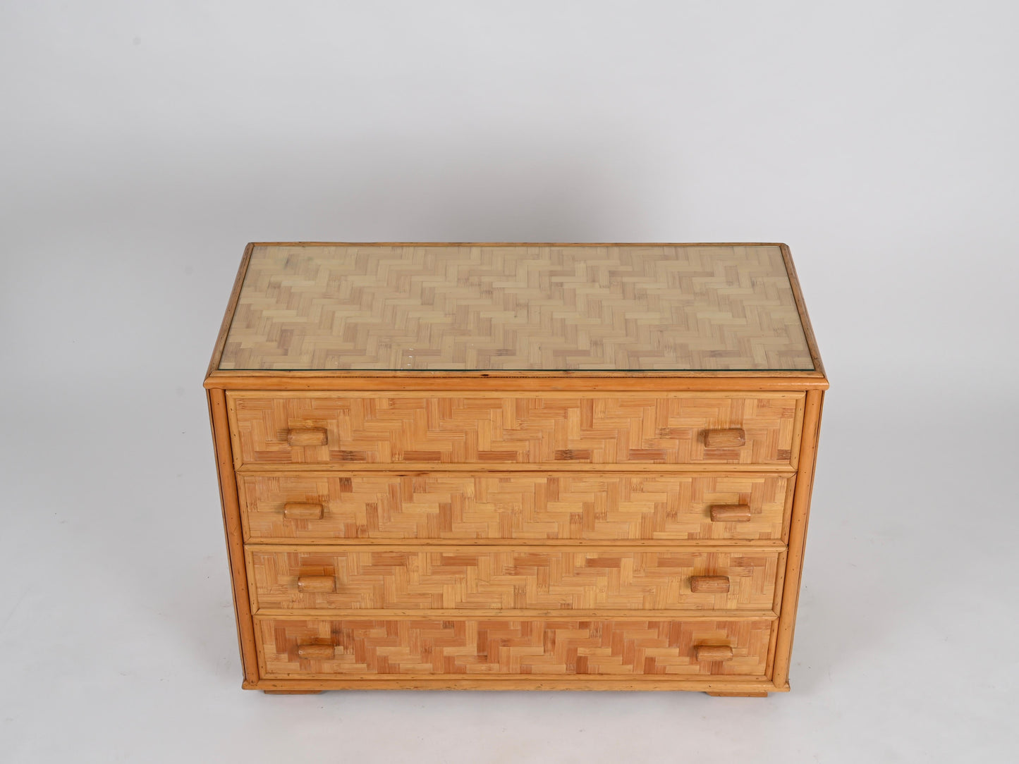 Mid-Century Italian Chest of Drawers – Rattan & Bamboo with Glass Top, 1970s