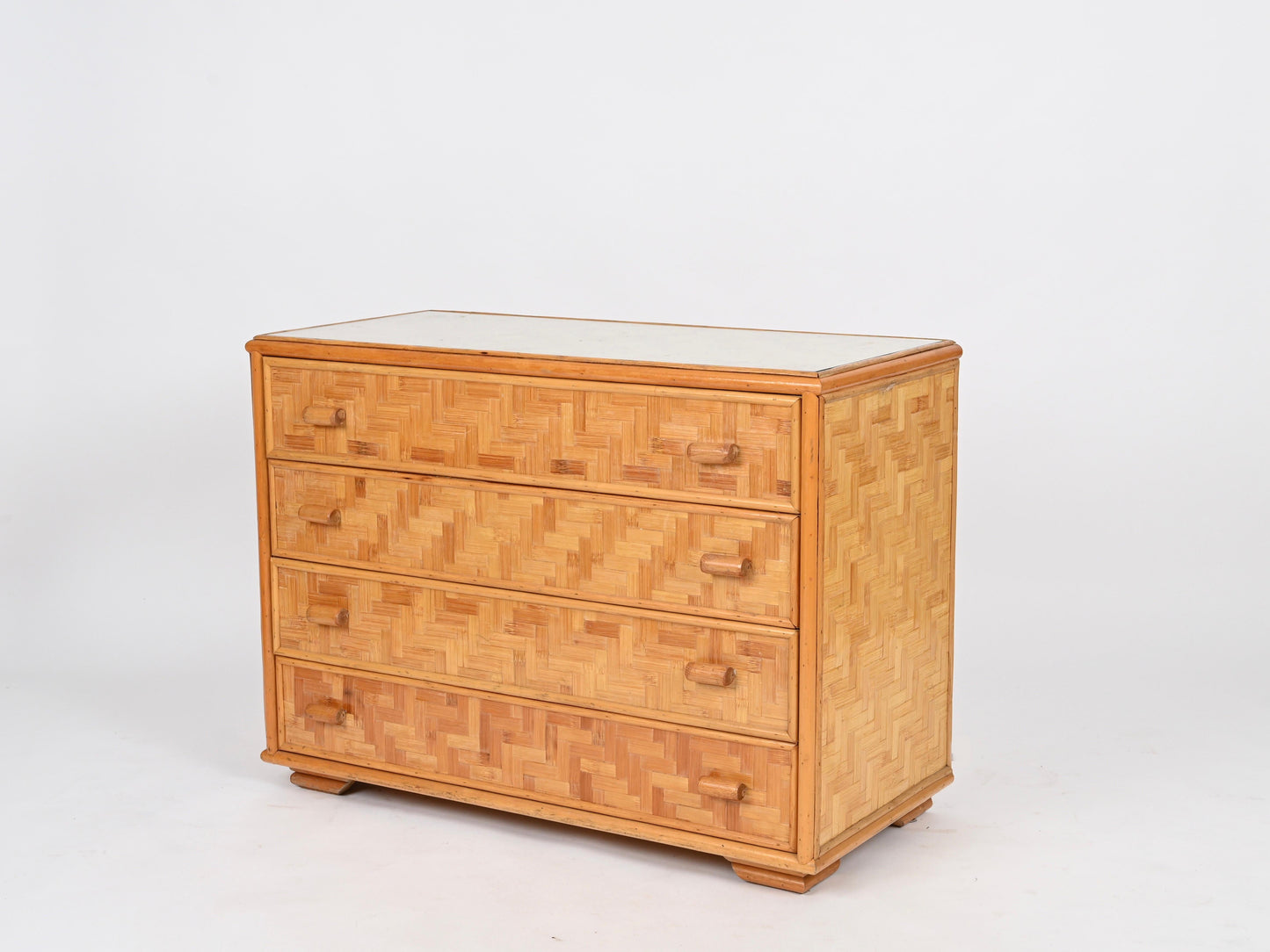 Wooden dresser with a checkered pattern on a white background
