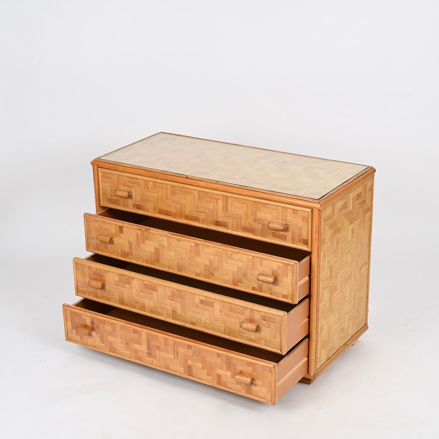 Mid-Century Italian Chest of Drawers – Rattan & Bamboo with Glass Top, 1970s
