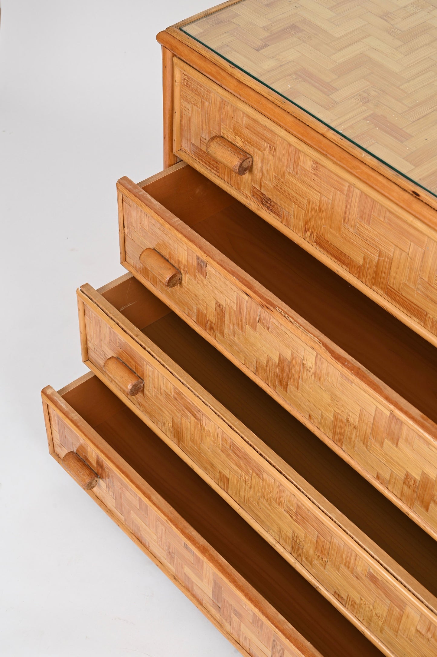 Mid-Century Italian Chest of Drawers – Rattan & Bamboo with Glass Top, 1970s