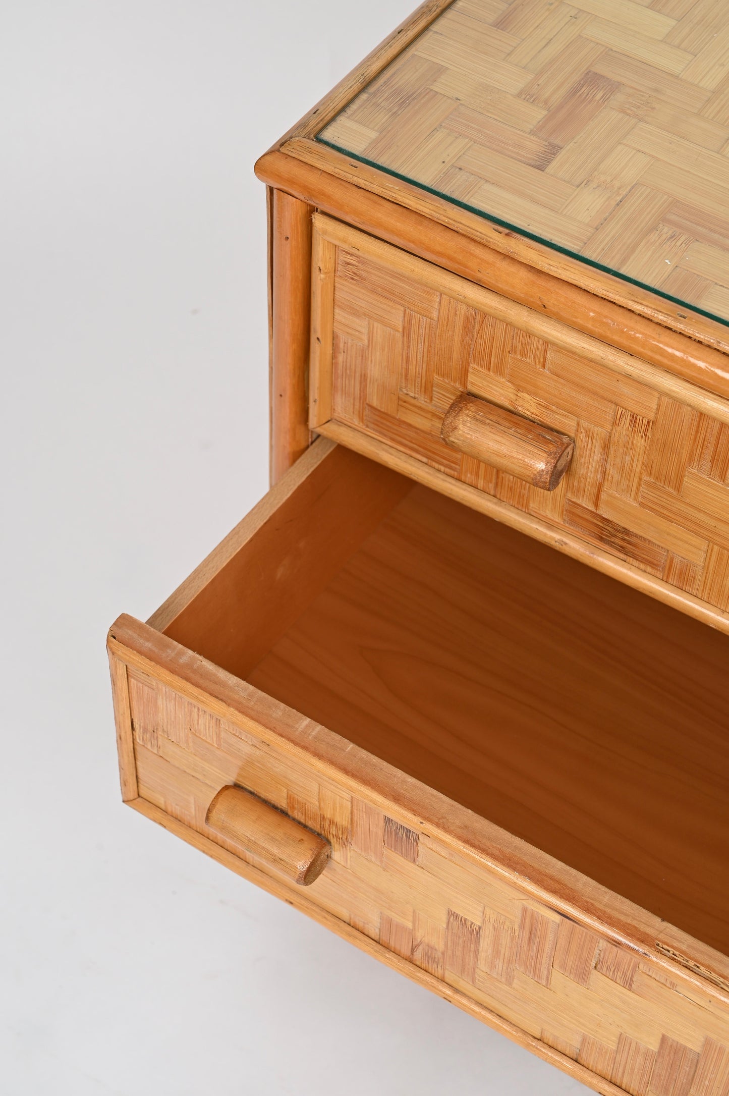 Mid-Century Italian Chest of Drawers – Rattan & Bamboo with Glass Top, 1970s