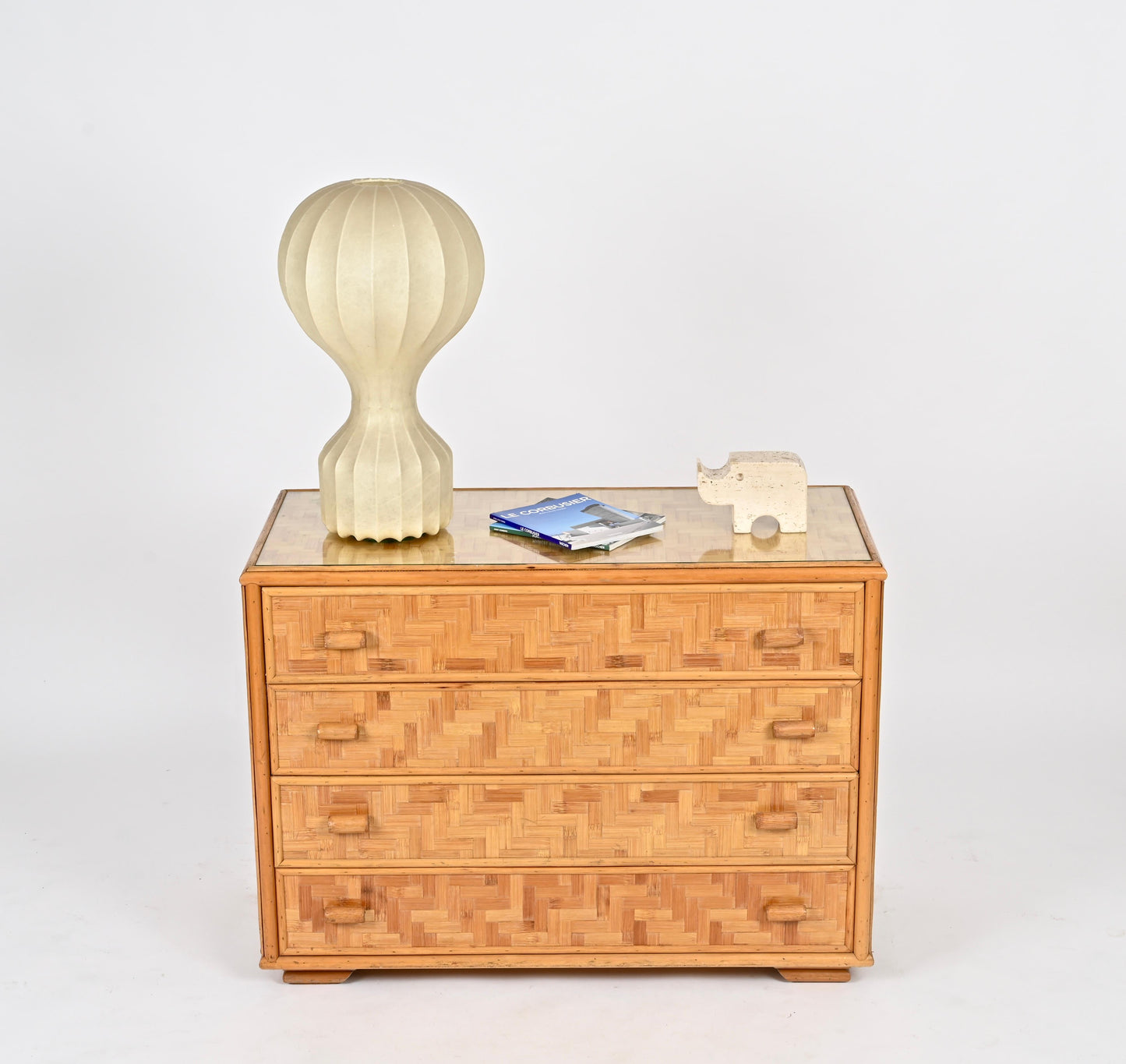 Mid-Century Italian Chest of Drawers – Rattan & Bamboo with Glass Top, 1970s