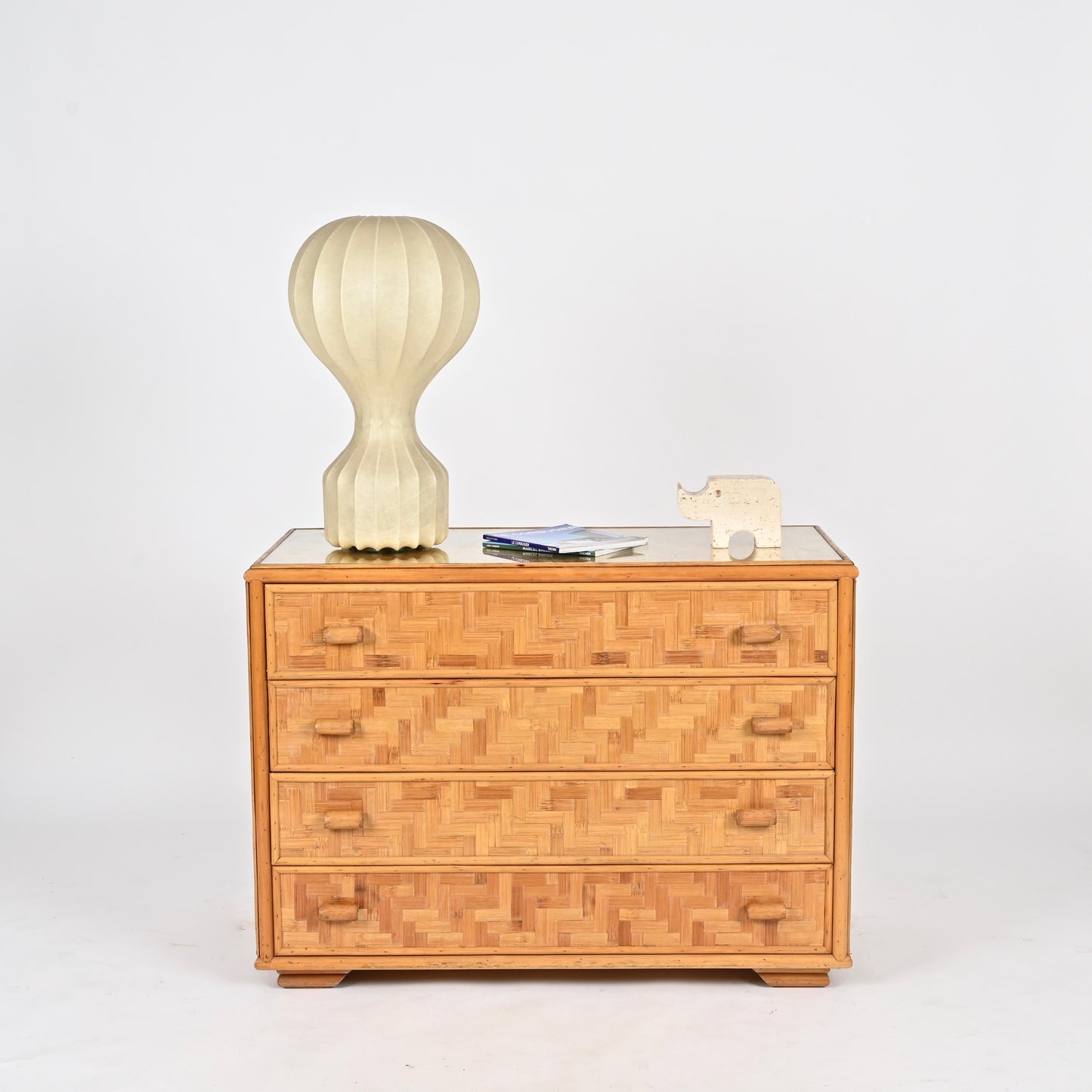 Mid-Century Italian Chest of Drawers – Rattan & Bamboo with Glass Top, 1970s