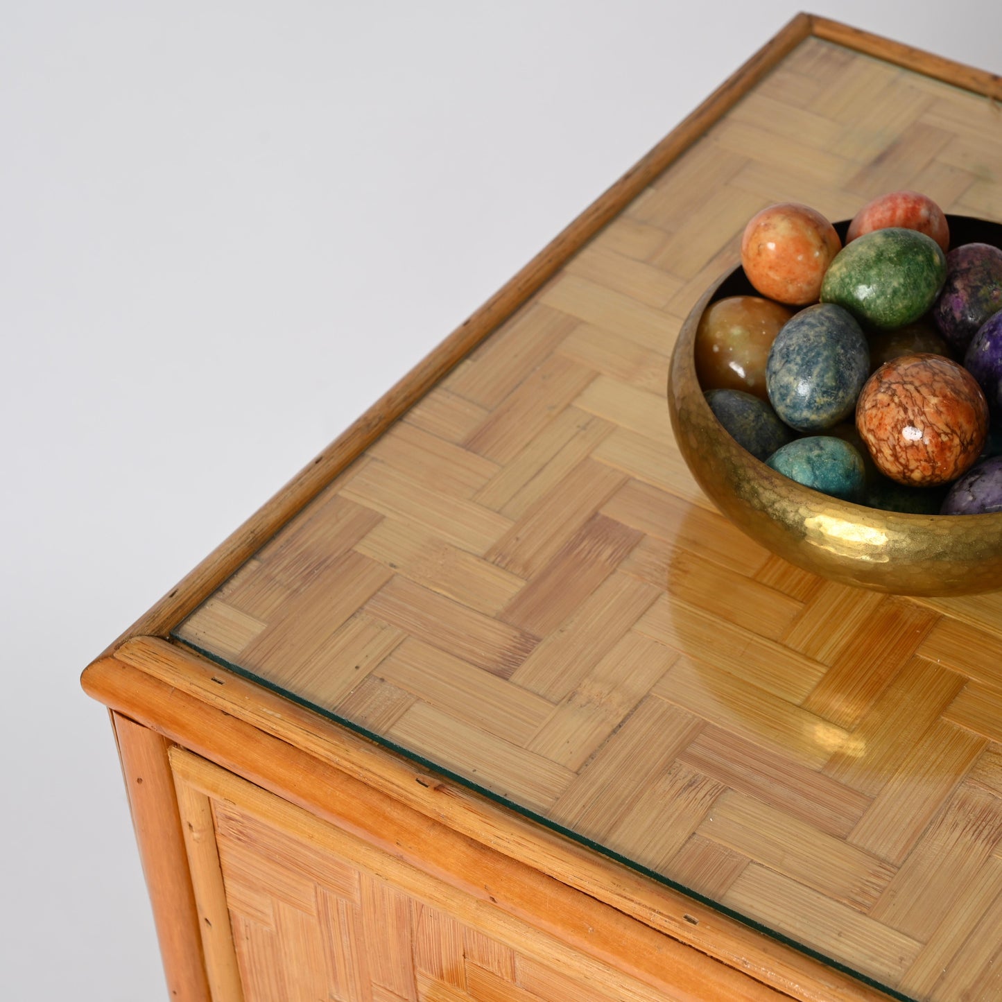 Mid-Century Italian Chest of Drawers – Rattan & Bamboo with Glass Top, 1970s