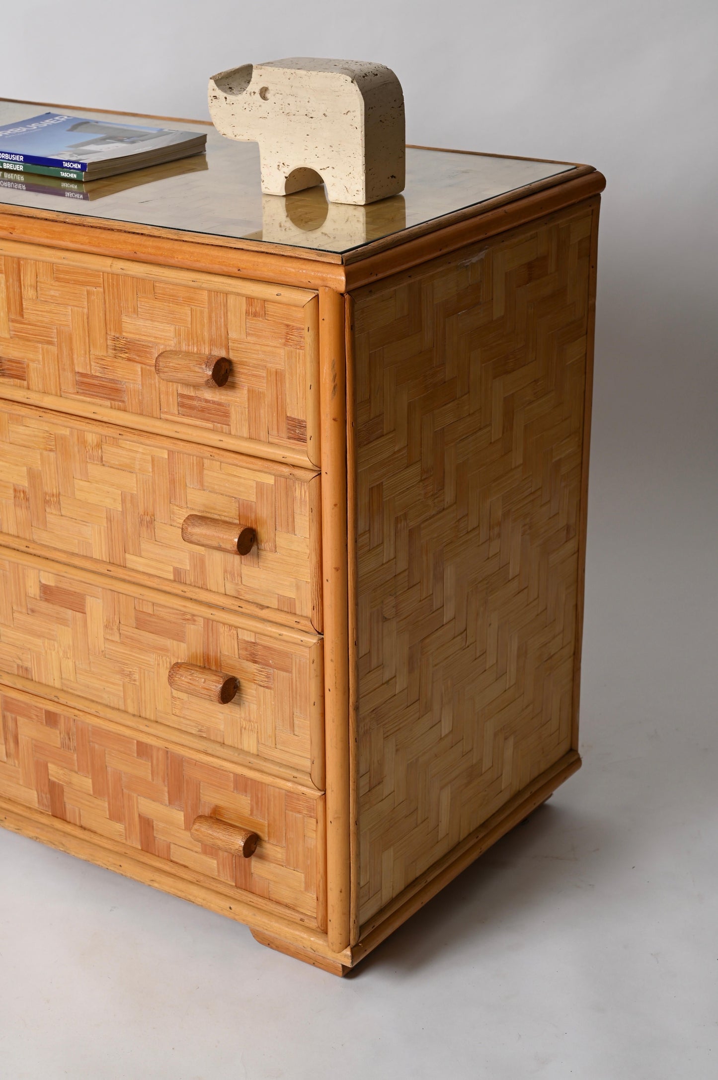 Mid-Century Italian Chest of Drawers – Rattan & Bamboo with Glass Top, 1970s