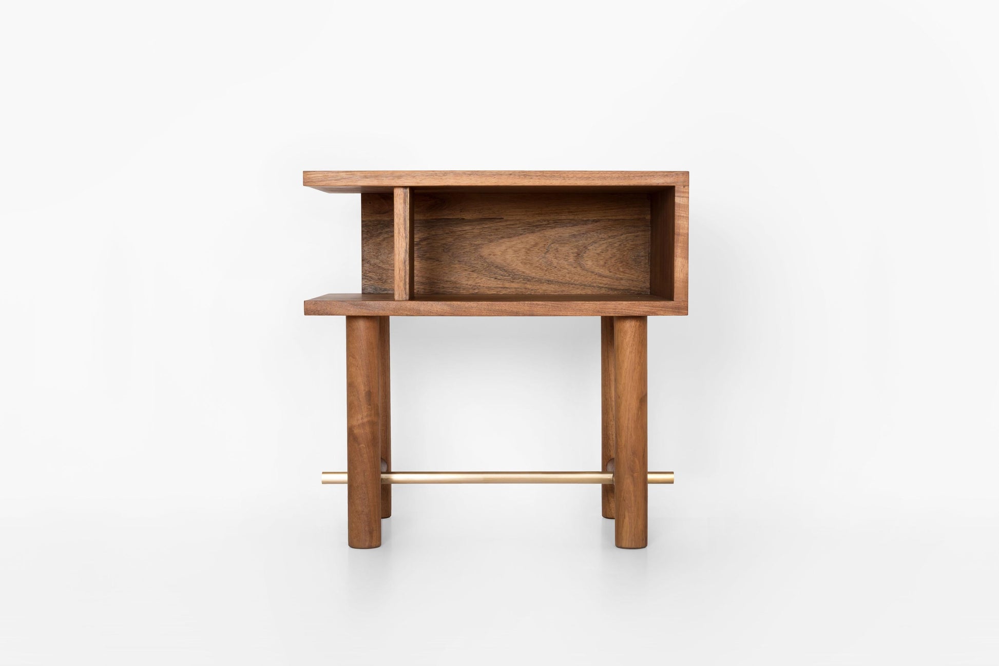 Wooden side table with a shelf on a white background