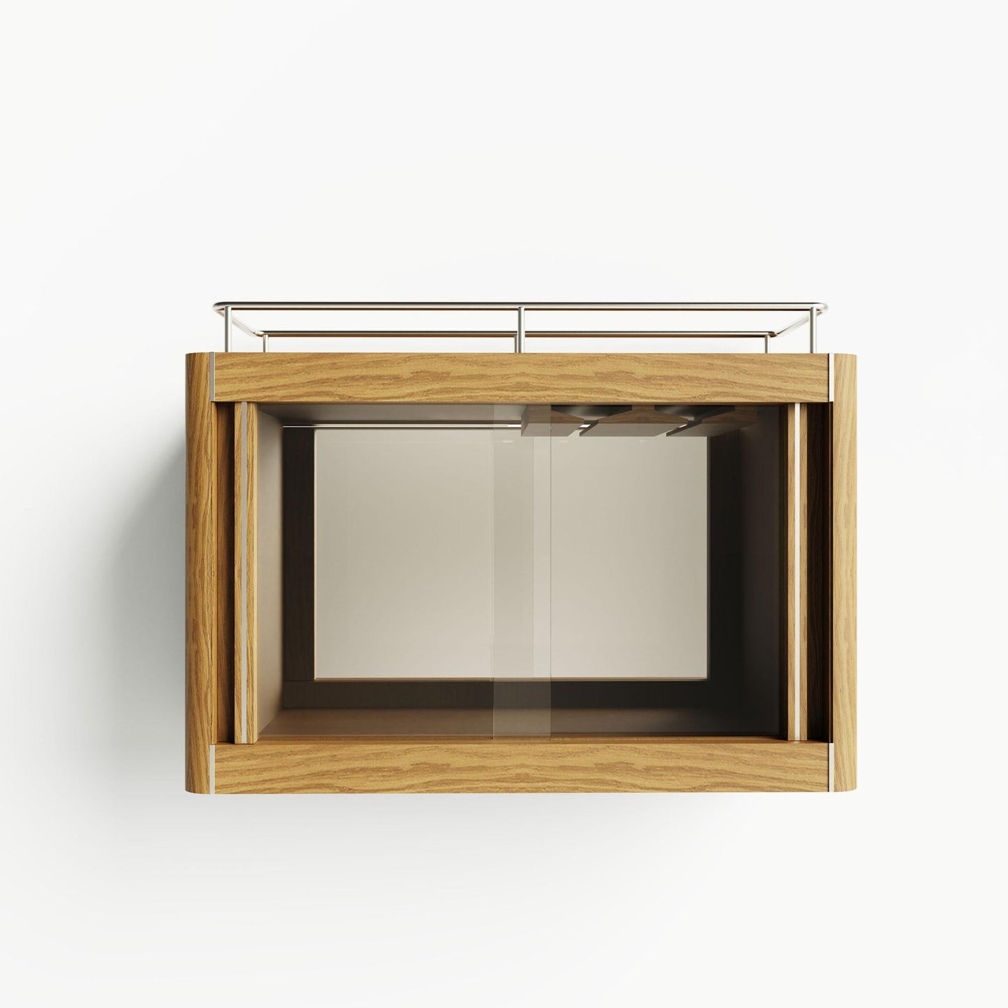 Wooden wall-mounted shelf with glass panel on a white background