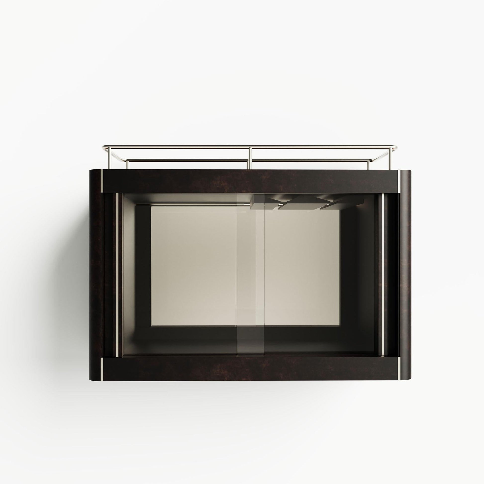Modern wall-mounted fireplace with glass front on a white background