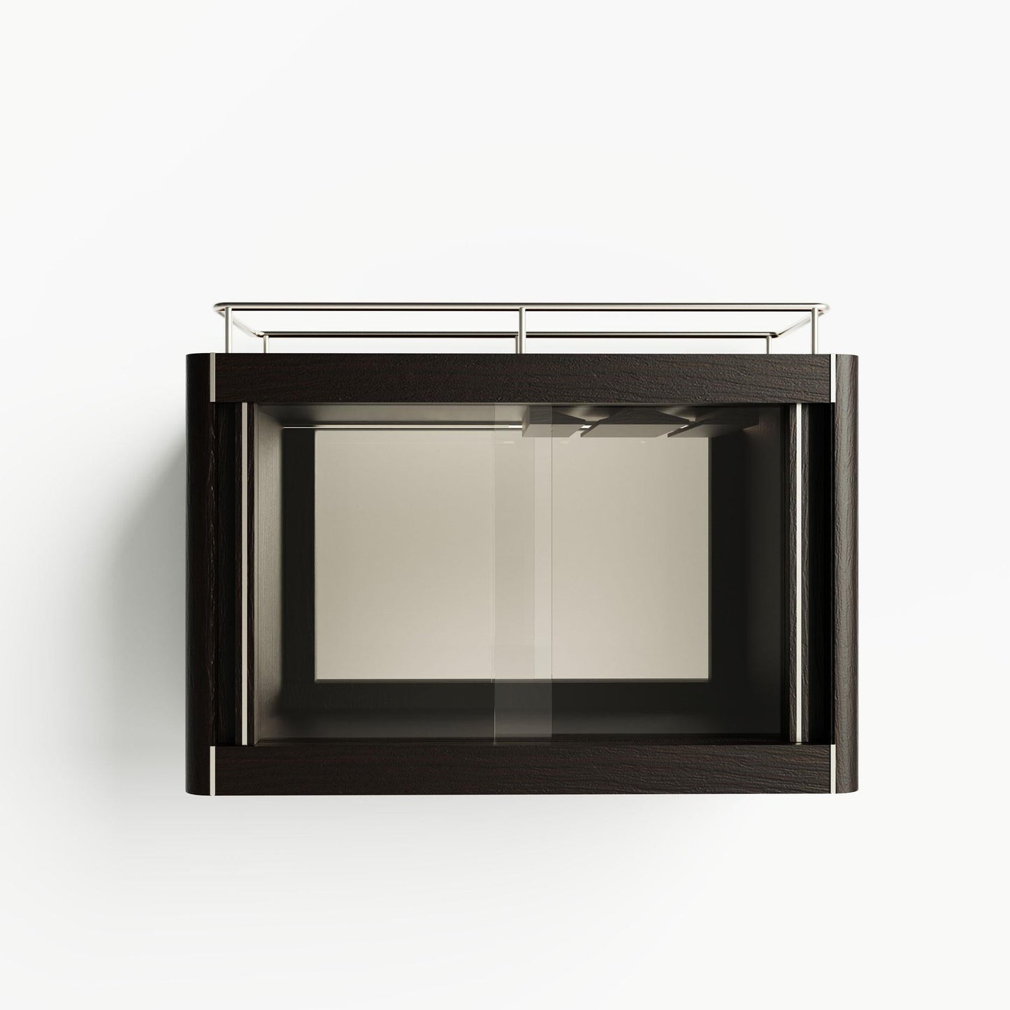 Modern wall-mounted fireplace with glass door on a white background
