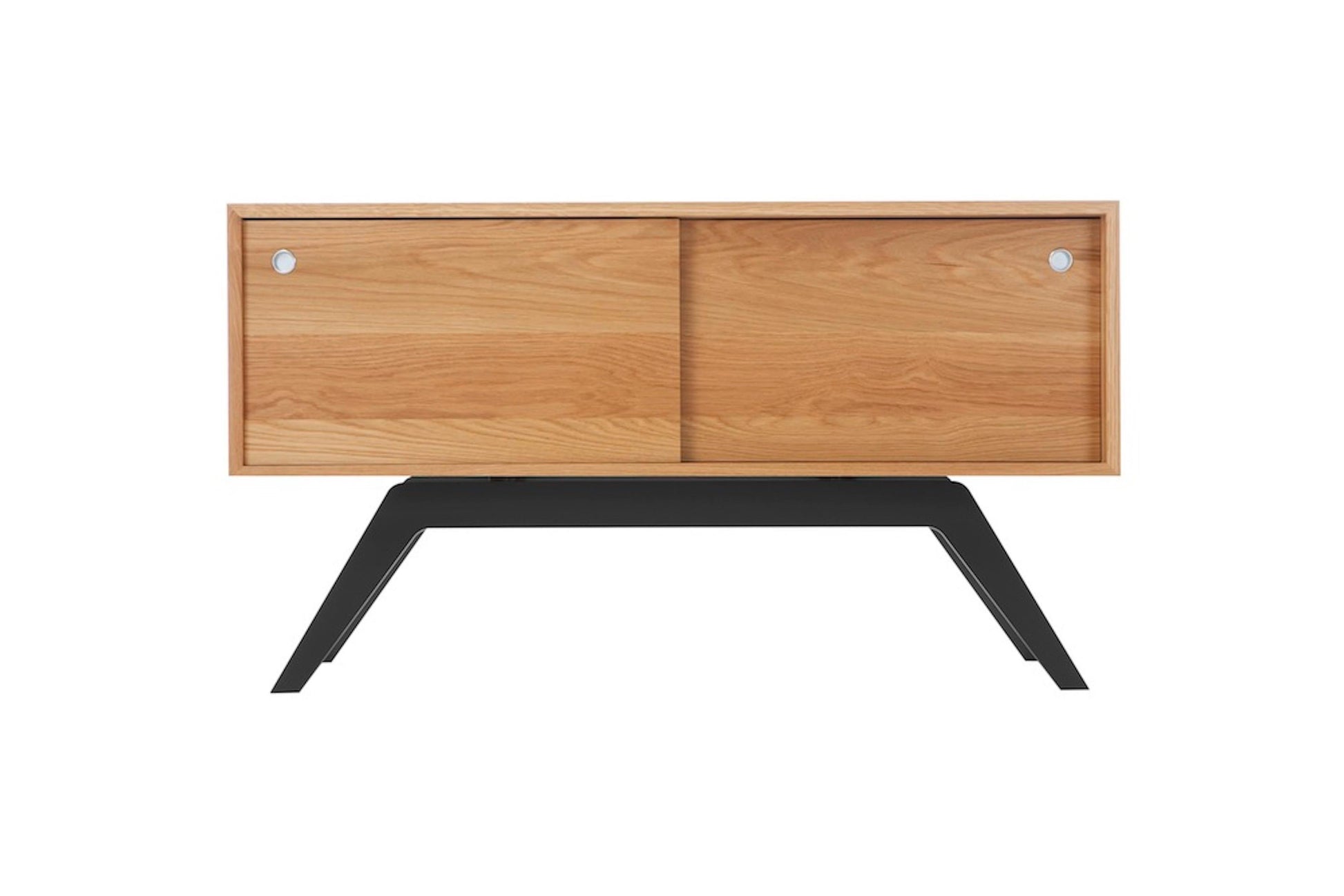 Wooden sideboard with black legs on a white background