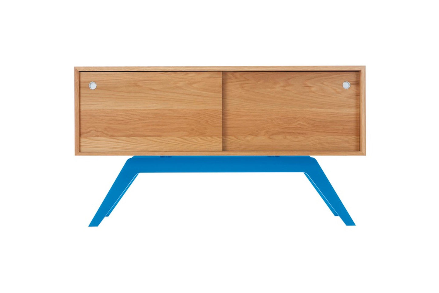 Wooden cabinet with blue legs on a white background