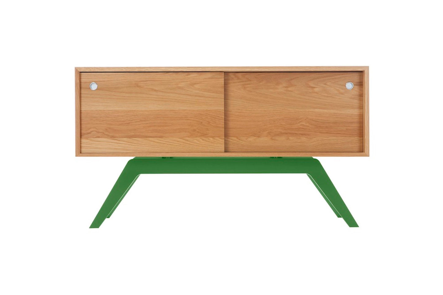 Wooden cabinet with green legs on a white background