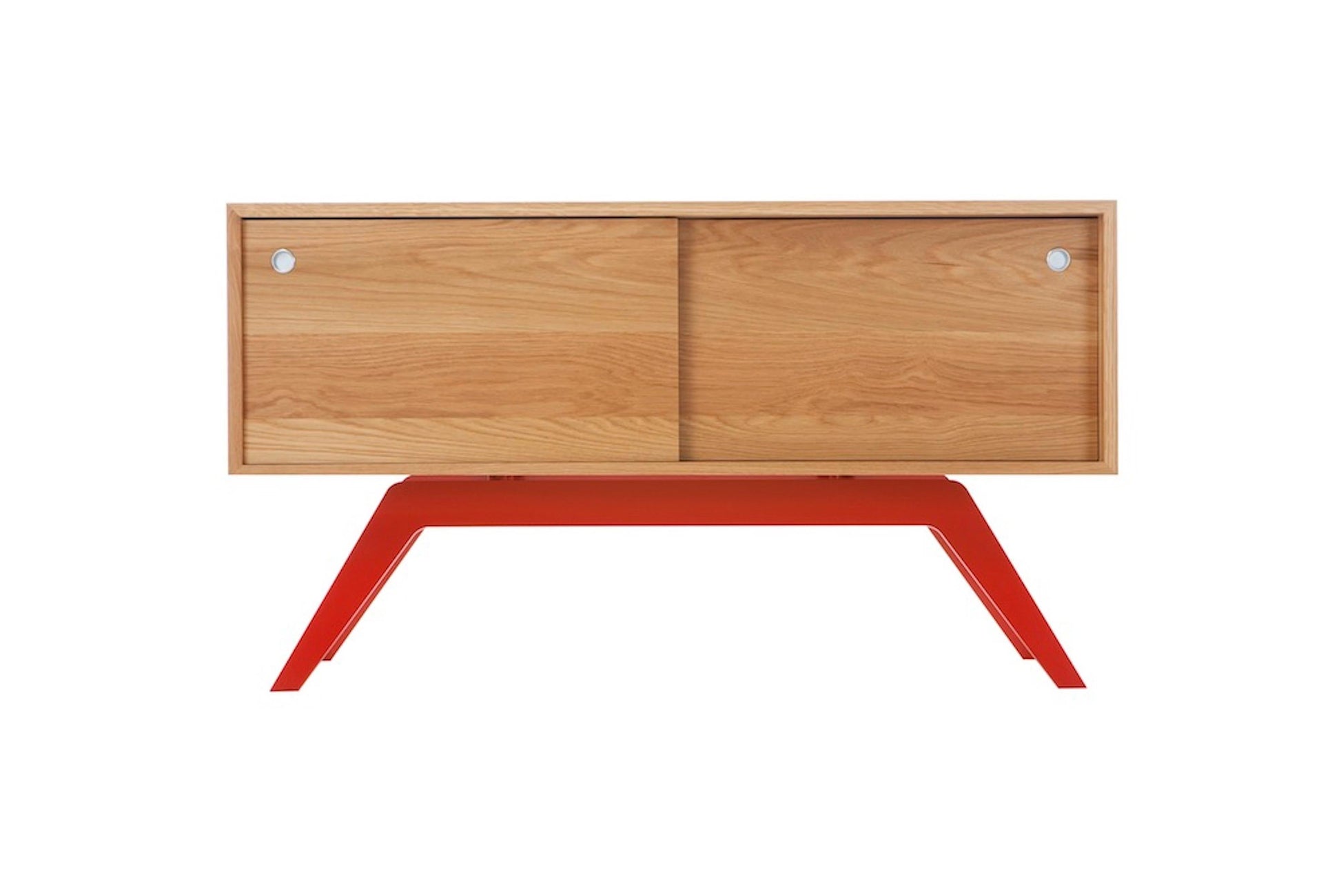 Wooden cabinet with red legs on a white background