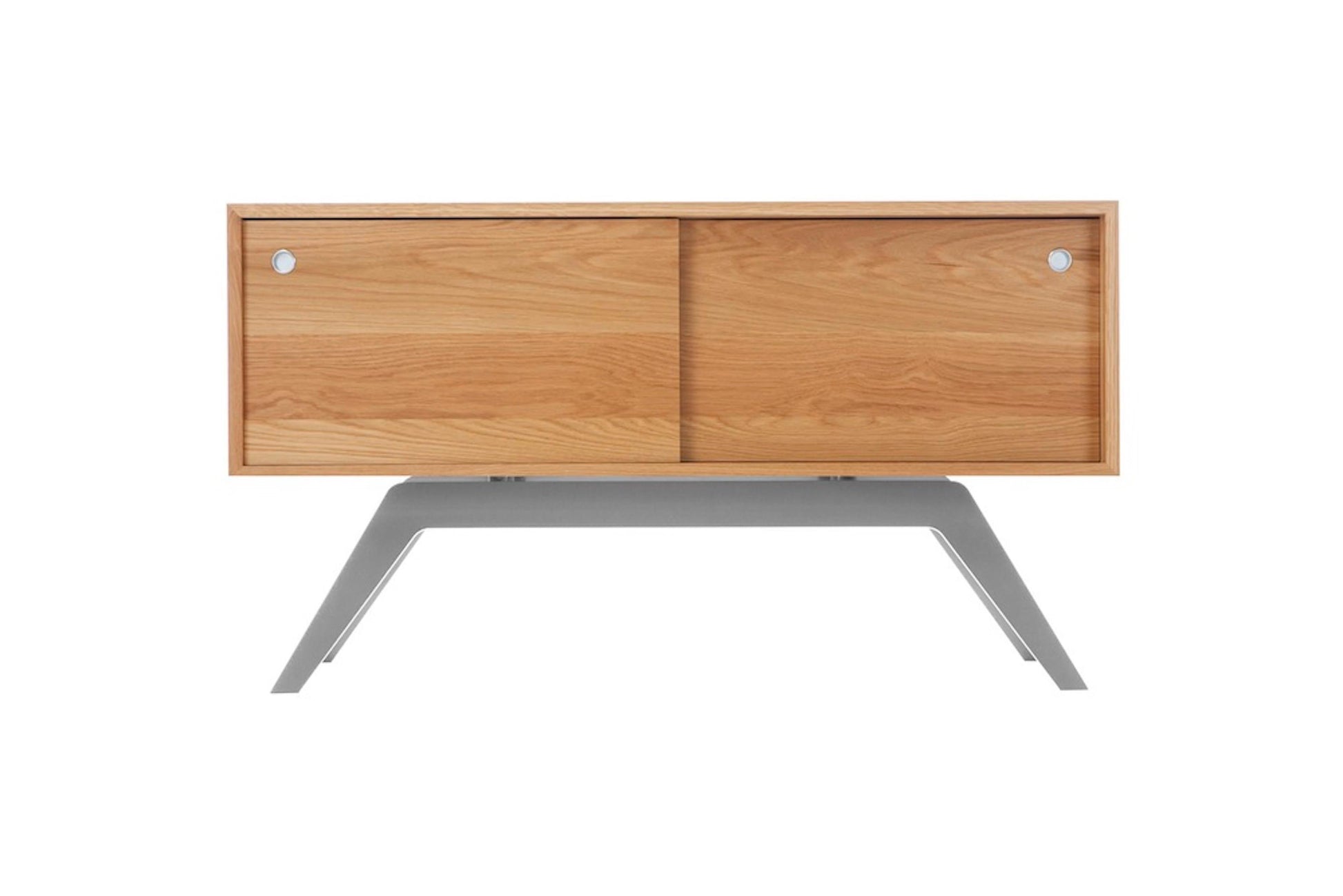 Wooden sideboard with metal legs on a white background