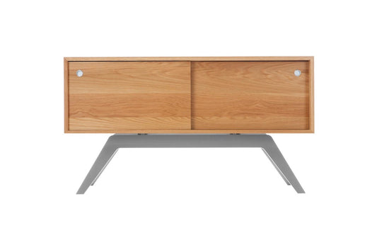 Wooden sideboard with metal legs on a white background