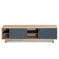 Wooden TV stand with gray doors on a white background