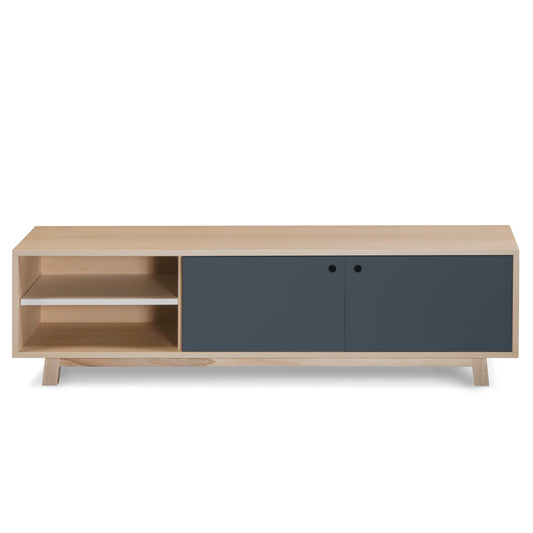 Wooden TV stand with a dark gray door on a white background