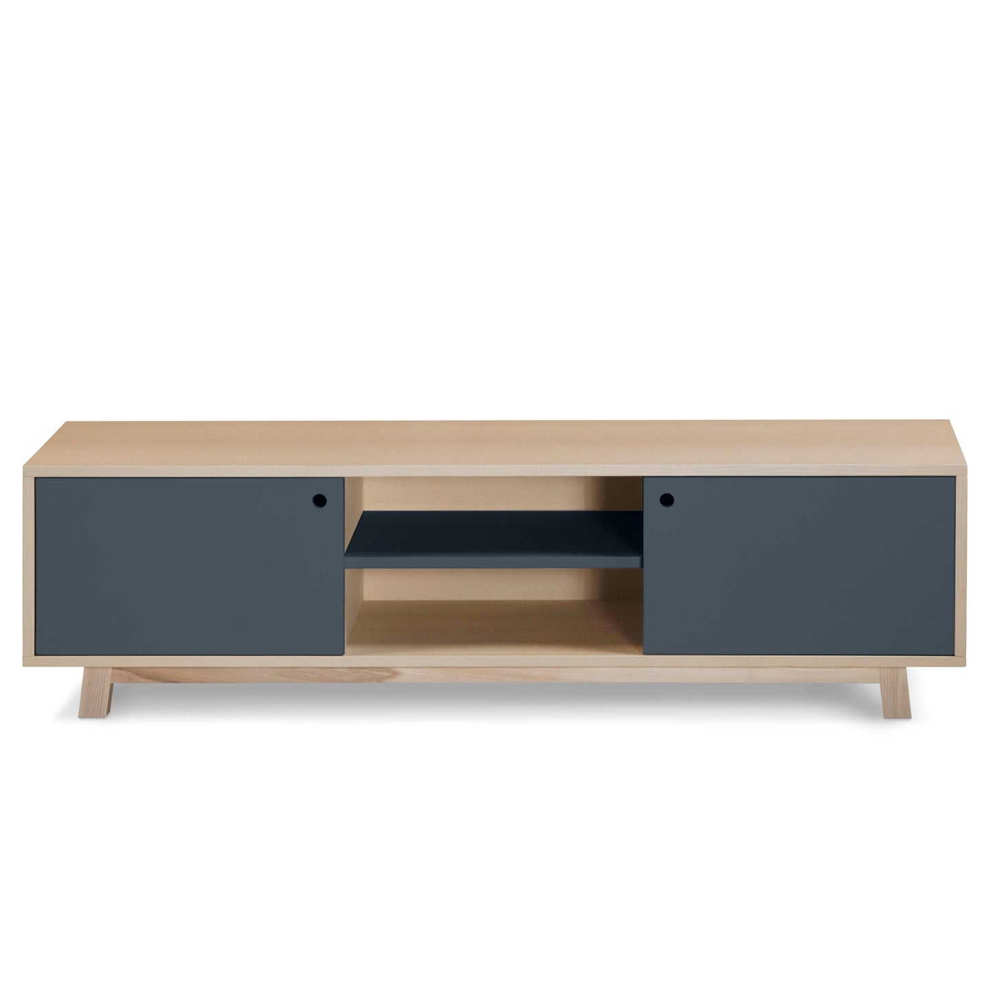 Wooden TV stand with gray doors on a white background