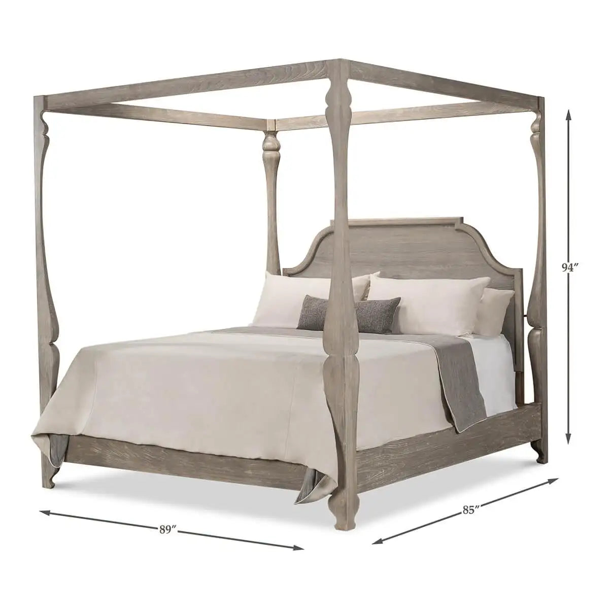 Four-poster bed with dimensions on a white background