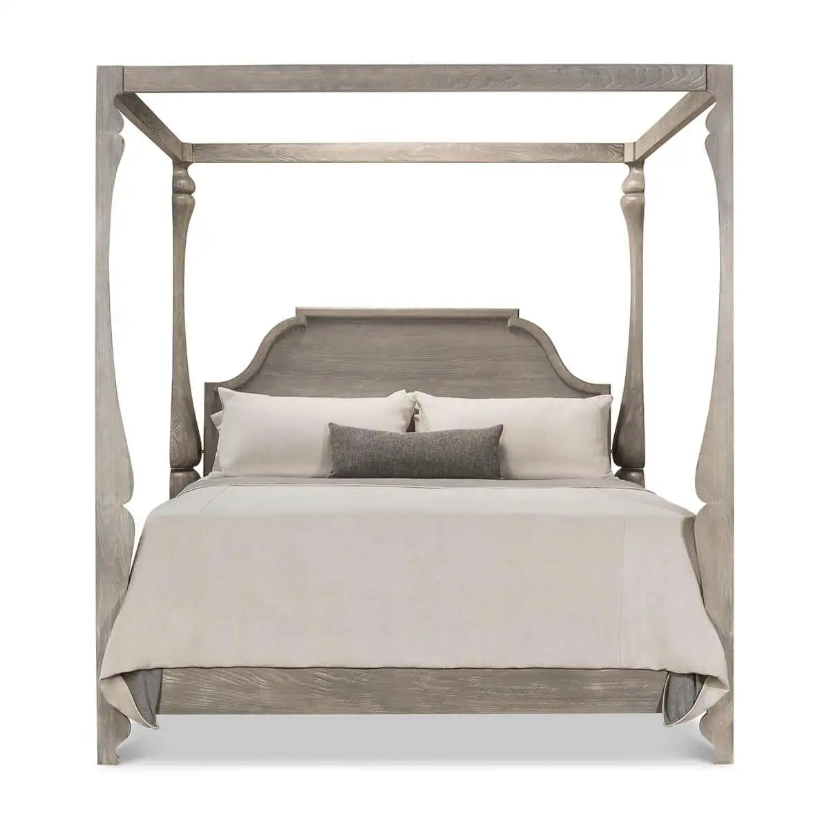 Wooden canopy bed with bedding on a white background