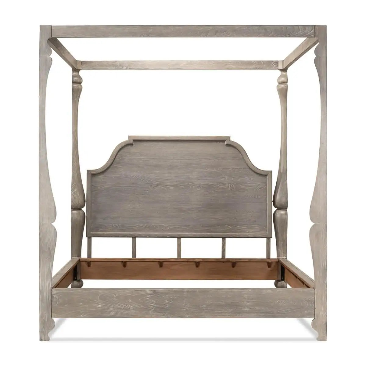 Wooden canopy bed with a rustic finish on a white background