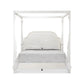 White four-poster bed with gray bedding on a white background