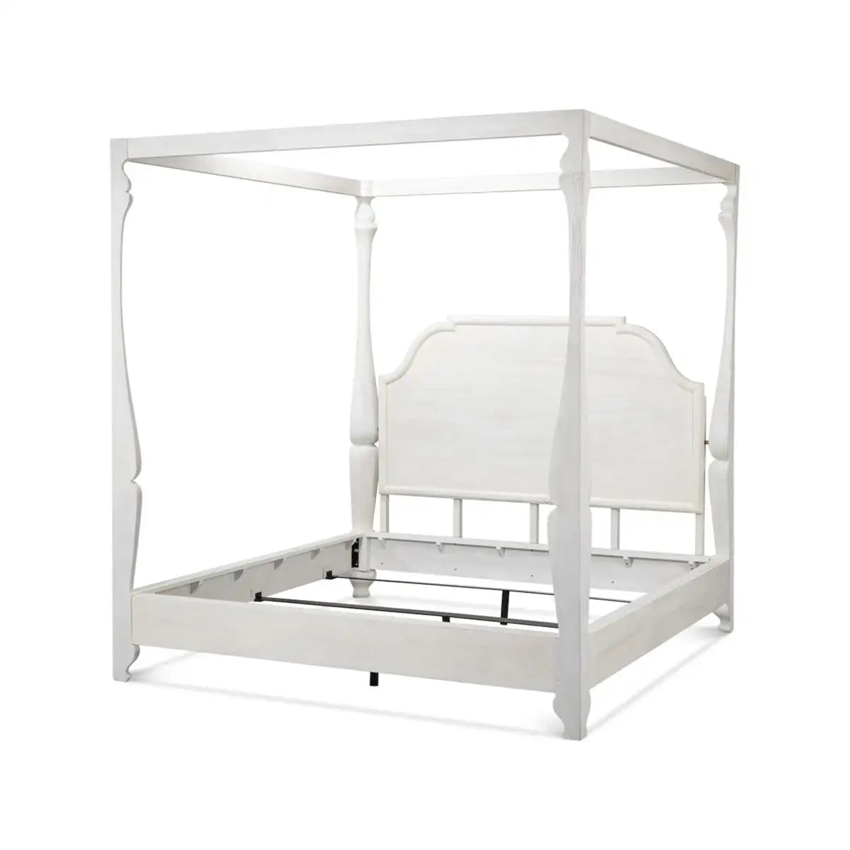 White canopy bed frame on a white background