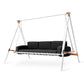 Black sofa on a white swing stand with copper accents on a white background