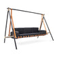 Modern swing with black cushions and orange straps on a white background