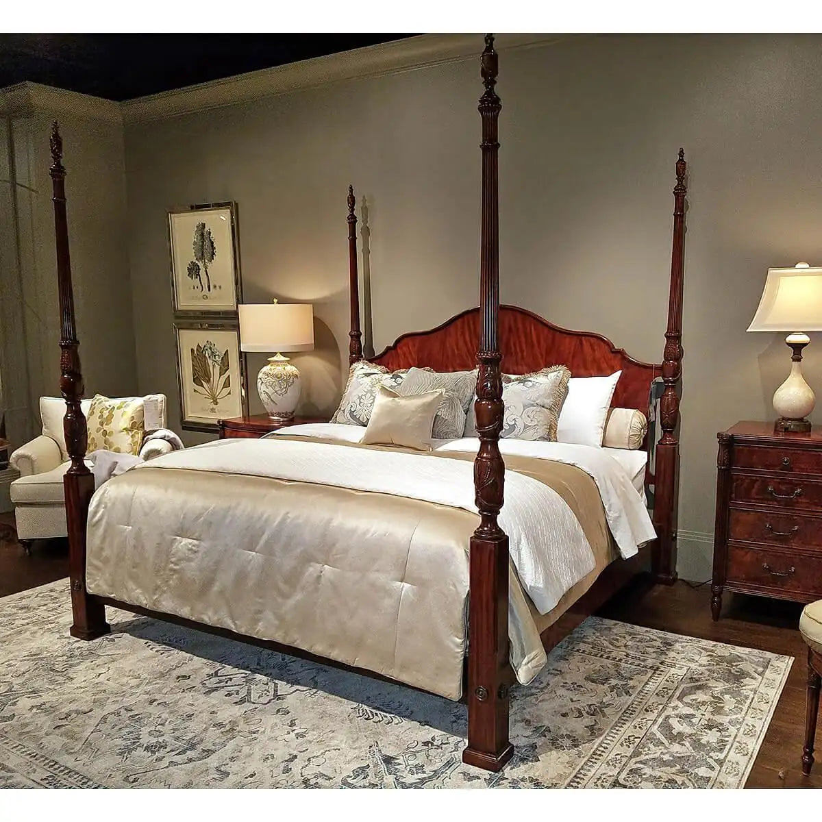 Carved Mahogany Four-Poster Queen Bed