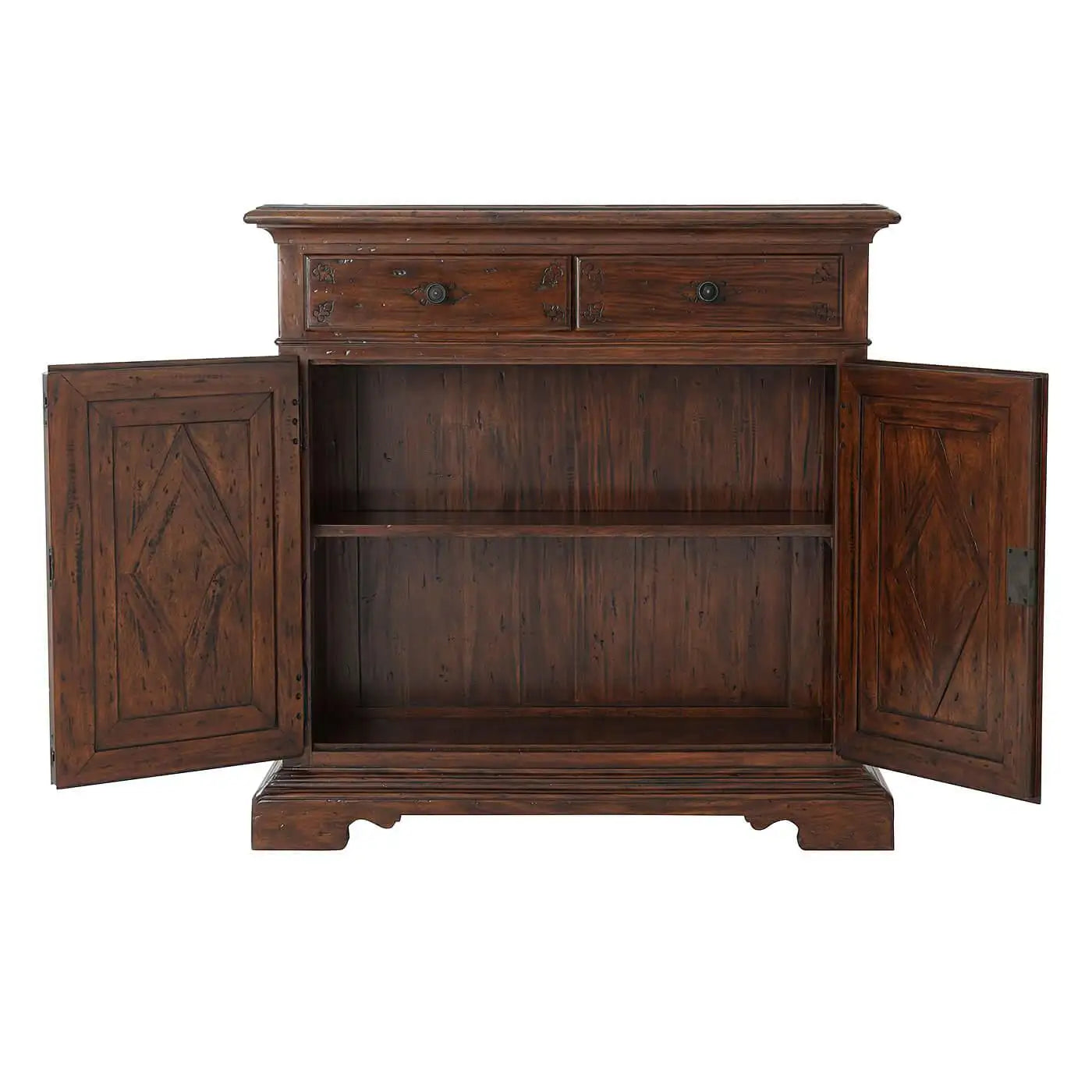 Wooden cabinet with open doors on a white background