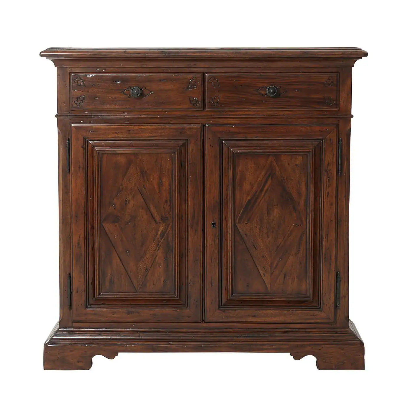 Wooden cabinet with two doors and two drawers on a white background