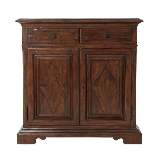 Wooden cabinet with two doors and two drawers on a white background